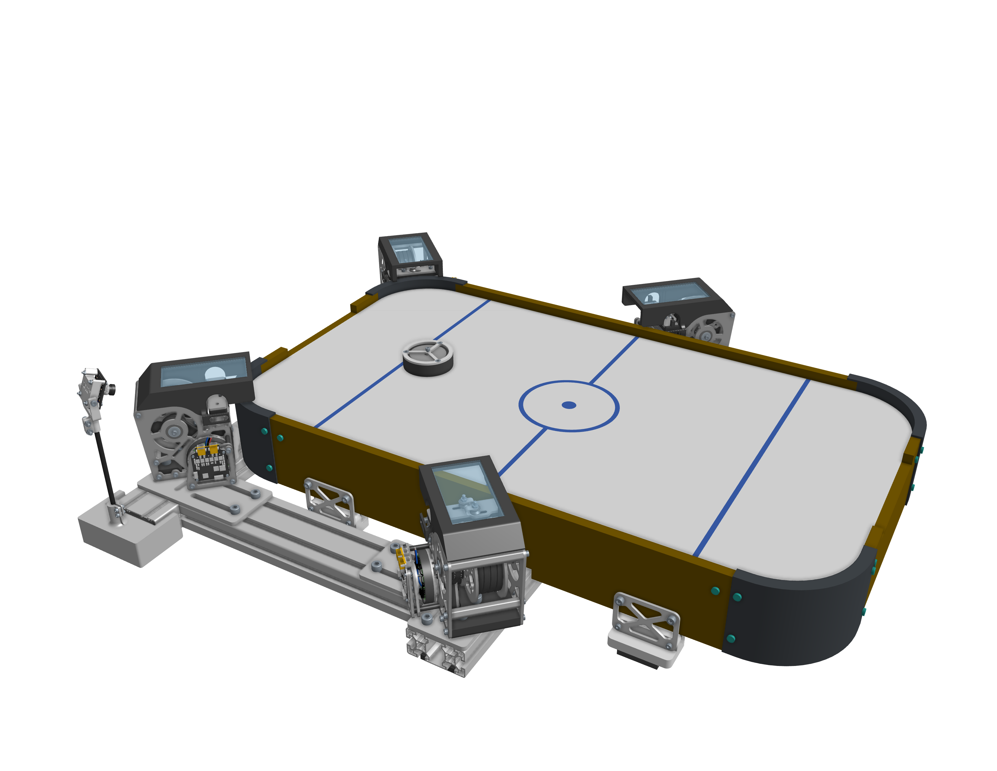 Cable-actuated air hockey robot — full CAD render